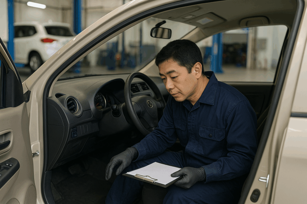 整備工場に搬入された中古車の室内チェック写真